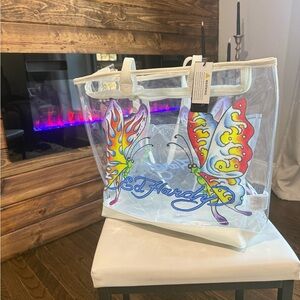 Ed Hardy Clear Butterfly Tote Bag - Multicolor Butterflies with White Trim